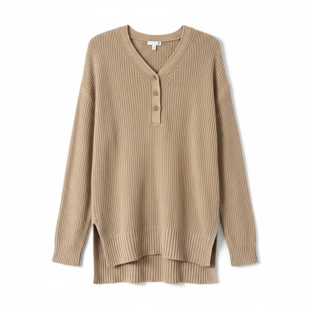 SO Beige Waffle Knit Henley Sweater Women's Small High Low Hem‎ Pullover